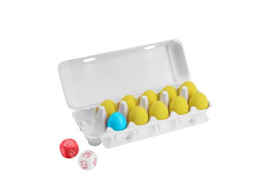 Het spel Haba Spellen Eierdans heeft een witte eierdoos met negen gele eieren, een blauw ei en twee dobbelstenen (een rode, een witte) met symbolen, allemaal afgebeeld op een witte achtergrond.