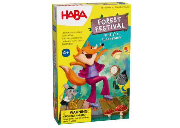 Een kleurrijke doos met Dierenshow van Haba Spellen, met een dansende vos in een paars jasje, een egel en een muis die dierenoptredens doen in het bos. De doos is voor 4+ en heeft een waarschuwing voor verstikkingsgevaar.