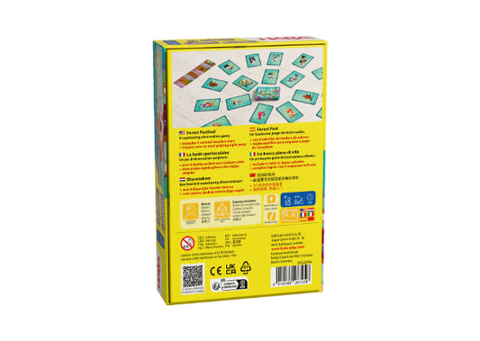 Op de achterkant van de Dierenshow-doos van Haba Spellen staat een memoryspel met dierentegels op geel, geïnspireerd op levendige dierenoptredens. Instructies en veiligheidspictogrammen verschijnen in het Engels, Frans, Duits en Spaans.