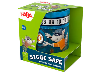 Dobbelbeker - Siggi Safe van Haba Spellen is een bordspel in doos voor 8+, met een cartoon wasbeer met pet en masker die een blauwe kluis opent met een combinatieslot, wat een spannend dobbelspelavontuur belooft.