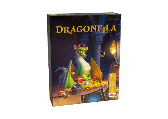 De Dragonella doos van Haba Spellen toont een vriendelijke draak met kleurrijke vleugels zittend op een schat, kasteelzuilen op de achtergrond en het logo van Haba Spellen rechtsonder. Dit kinderspel is een vrolijk gezelschapsspel.