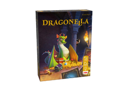 De Dragonella doos van Haba Spellen toont een vriendelijke draak met kleurrijke vleugels zittend op een schat, kasteelzuilen op de achtergrond en het logo van Haba Spellen rechtsonder. Dit kinderspel is een vrolijk gezelschapsspel.